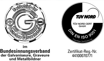 Fachbetriebszeichen Galvanotechnik des Bundesinnungsverband und Zertifizierung nach DIN EN ISO 9001:2008
